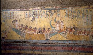 Egyptisk antikvitet: freskomaleri av graven til maleren Maia, pilegrimsreise med båt i Abydos, sitering av Osiris. 18. dynasti. Fra kapellet i Maia, Deir el-Medineh (el Medineh), New Empire Dim. 67 cm Torino, egyptisk museum av Egyptian 18th Dynasty