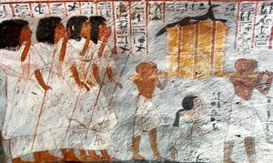 Egyptisk antikvitet: prosesjon med bærere av baldakinkar som ble brukt til å samle inn innvollene til den avdøde. Maleri av Roys grav av Egyptian 18th Dynasty