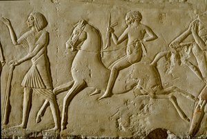 Egyptisk antikvitet: lettelse med kriger til hest. Slutten av det 18. dynastiet av Egyptian 18th Dynasty