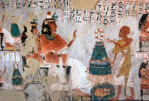 Egyptisk antikvitet: representasjon av Roy og hans kone Nebtawy overfor en yppersteprest. Maleri av graven til Roy (TT255). 18. dynasti. Fra Vestbredden av Luxor, Egypt av Egyptian 18th Dynasty