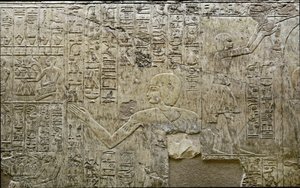Egyptisk antikvitet: representasjon av offerbærere. Lavt relieff av Vizir Ramoses grav (18. dynasti). Luxor, Theben, Adelsdalen Egypt av Egyptian 18th Dynasty