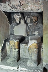 Egyptisk antikvitet: skulpturer nær graven til Kha em Het (Khaemhat) inspektør for loft og skriver ved hoffet til Amenophis III (TT57) som representerer skriveren og Imhotep. 18. dynasti. 1530-1290 f.Kr. Vallee des Nobles. Luxor, Vestbredden, Egypt av Egyptian 18th Dynasty