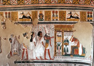 Egyptisk antikvitet: Horus guider Roy og kona til Osiris. Fragmenter av freskomaleri fra graven til Roy (TT255). 18. dynasti. Fra Vestbredden av Luxor, Egypt av Egyptian 18th Dynasty