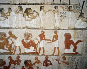 Begravelsesfest med kvinnelige musikere, damer som smykker seg med smykker, menn og musikere, Tomb of Rekhmire, Sheikh Abd el Qurnah Necropolis, Luxor, Theben (Unescos verdensarvliste av Egyptian 18th Dynasty