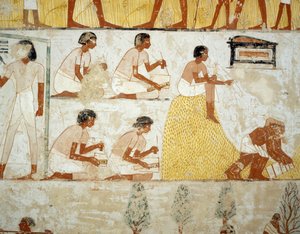 Høsting av avling, tresking og vinning av korn, detaljer fra fresker i vestibylen til graven til Menna, Sheikh Abd el Qurnah Necropolis, Luxor, Theben (Unescos verdensarvliste av Egyptian 18th Dynasty