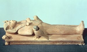 Bilde av kongen på begravelsessengen hans, fra graven til Tutankhamon (ca. 1370-52 f.Kr.) New Kingdom (tre)