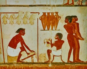 Kjøttbehandling av fuglene, detalj fra graven til Nakht, ca. 1390 f.Kr. (veggmaleri) av Egyptian 18th Dynasty