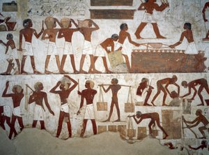Menn i arbeid, detalj fra freskene i graven til Rekhmire, Sheikh Abd el Qurnah Necropolis, Luxor, Theben (Unescos verdensarvliste av Egyptian 18th Dynasty
