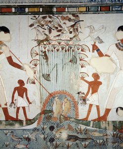 Menna og hans familie fisker og fugler i Nilens myrer, detaljer fra fresker i kapellet til Mennas grav, Sheikh Abd el Qurnah Necropolis, Luxor, Theben (Unescos verdensarvliste av Egyptian 18th Dynasty