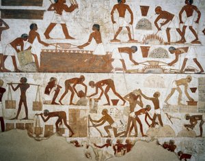 Metallbehandling og mursteinsfremstilling, detaljer fra fresker i Tomb of Rekhmire, Sheikh Abd el Qurnah Necropolis, Luxor, Theben (Unescos verdensarvliste av Egyptian 18th Dynasty