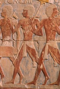 Relieff som viser en parade til ære for gudinnen Hathor, detalj, fra liktempelet i Hatshepsut (ca. 1503-1482 f.Kr.) New Kingdom (malt kalkstein) (se også 382845)