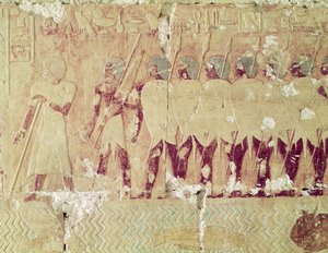 Relieff som viser soldater sendt av dronning Hatshepsut på en ekspedisjon til Land of Punt for å bringe tilbake ingredienser for bruk i tempelritualer, fra likhuset Temple of Hatshepsut, ca. 1503-1482 f.Kr., Nytt av Egyptian 18th Dynasty