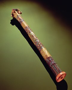 Skriftskriverkasse for å skrive siv, fra Tutankhamons grav (ca. 1370-1352 f.Kr.) New Kingdom (forgylt tre innlagt med halvedelstener) (se også 149435)
