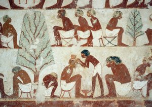 Soldater som klipper håret, detalj fra fresker i Tomb of Userhat, Sheikh Abd el Qurnah Necropolis, Luxor, Theben (Unescos verdensarvliste av Egyptian 18th Dynasty