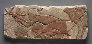 Talatat: Menn som hakker jorden, ca. 1353–1347 f.Kr. (malt sandstein) av Egyptian 18th Dynasty