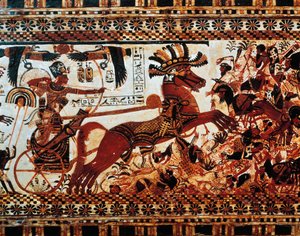 Jaktkassen. Detalj av scenen som viser kongen på sin vogn som beseirer asiatiske fiender, New Kingdom, Dynasti XVIII av Egyptian 18th Dynasty