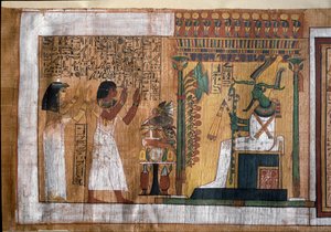 Den avdøde Kha og hans kone Merit tilber Osiris, herre over livet etter døden - Papyrus fra Book of the Dead, fra begravelseskammeret til arkitekten Kha av Egyptian 18th Dynasty