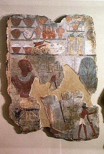 Skriveren Unsou fører tilsyn med arbeiderne på markene, fra Unsou-graven, East Theben, New Kingdom (veggmaleri)