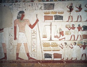 Veiingen av kobber, freskomaleri, Userhats grav, lærer og skriver under Amenhotep IIs regjeringstid, også kjent som grav TT56, Sheikh Abd el-Qurna, Theben (Unescos verdensarvliste av Egyptian 18th Dynasty