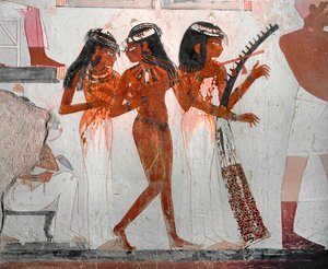 Tre kvinner med musikkinstrumenter av Egyptian 18th Dynasty