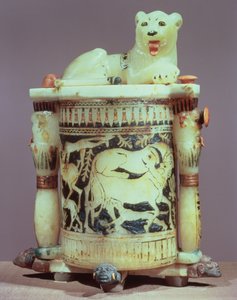 Uguent krukke med en figur av en konge som en løve, fra graven til Tutankhamon (ca. 1370-52 f.Kr.) New Kingdom (malt alabast) (se også 391016)