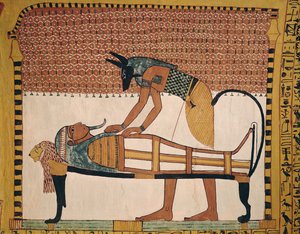 Anubis går på Sennedjems Mummy, fra graven til Sennedjem, The Workers Village, New Kingdom (veggmaleri) (se også 67892)