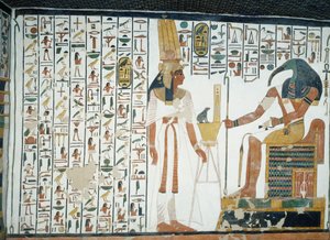 Kapittel 94 i De dødes bok, Nefertari står foran guden Thoth, den ibishodede skriveren, freskomaleri, nordveggen, østsidens kammer, Nefertaris grav (QV66), Queens Valley, Theben. Egyptisk sivilisasjon, New Kingdom, Dynasty XIX.