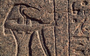 Skildring av Thoth, detalj av inskripsjon og relieff av Thoth og Horus, Amenhoteps sarkofag, Memphis (Unescos verdensarvliste av Egyptian 19th Dynasty