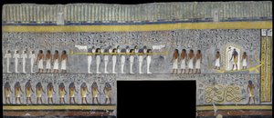 Egypt, Theben, Luxor, Kongenes dal, Ramses I's grav, veggmaleri av Ra i solbark i gravkammer fra 19. dynasti av Egyptian 19th Dynasty