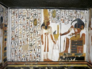 Egypt, Theben, Luxor, Dronningenes dal, Nefertaris grav, vedlegg til forkammer, veggmalerier, dronning før den guddommelige skriver Thoth av Egyptian 19th Dynasty