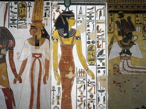 Egypt, Theben, Luxor, Dronningenes dal, Nefertaris grav, Vestibylen, veggmalerier, Harsiesi leder dronningen ved hånden, gudinnen Neith