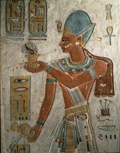 Egyptisk antikvitet: Farao Ramses I (1320-1310 f.Kr.) representerer å brenne røkelse og helle vann ved en seremoni. Bind av Ramses I, Kongenes dal, Egypt av Egyptian 19th Dynasty