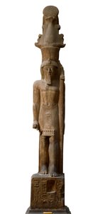 Egyptisk antikvitet: statue av farao Sethi II (Seti eller Sety) (1200-1194 f.Kr.) av det 19. dynastiet i rosa gres, den bærer et septer med symbolet til guden Amon, Dim. 465 cm. Egyptisk museum i Torino. av Egyptian 19th Dynasty