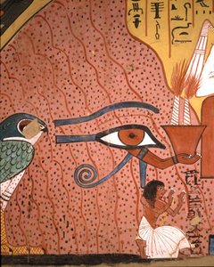 Egyptisk antikvitet: "" håndverkeren Pached (eller Pashedou eller Pachedou eller Pashed eller Pashedu) kneler i tilbedelse nær ham, øyet til Horus Oudjat""" Freske av graven til Pachedou, Deir, el Medinet, Egypt av Egyptian 19th Dynasty