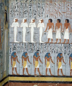 Mumier og mannsfigurer, detaljer fra fresker i gravkammeret til Ramesses I
