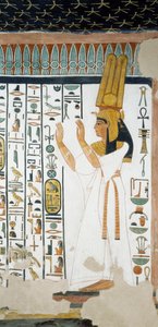 Nefertari foran den første døren til kongeriket Osiris, løfter armene i et tegn på tilbedelse, freskomaleri, gravkammer, Nefertaris grav (QV66), Queens Valley, Theben. Egyptisk sivilisasjon, New Kingdom, Dynasty XIX.