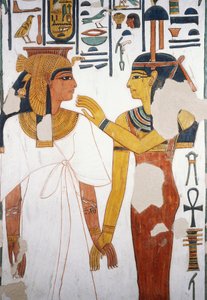 Nefertari møter gudinnen Isis, freskomaleri, nordvendt fasade til den fjerde søylen, gravkammer, Nefertaris grav (QV66), Queens Valley, Theben (Unescos verdensarvliste av Egyptian 19th Dynasty