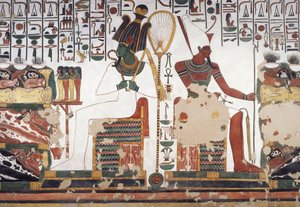 Osiris og Atum, fresko, østvegg, østsidekammer, Tomb of Nefertari (QV66), Queens of Valley, Thebe (Unesco World Heritage List av Egyptian 19th Dynasty