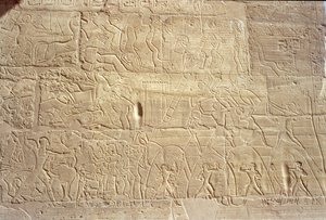 Relieff som viser egyptiske tropper som stormer den hettittiske byen Dapur, fra Great Hypostyle Hall, New Kingdom, ca. 1297-1185 f.Kr.