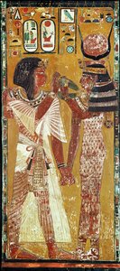 Relieff som viser gudinnen Hathor som plasserer den magiske kragen på Seti I (ca. 1394-1279 f.Kr.) New Kingdom (malt kalkstein)