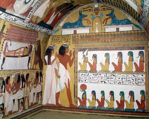 Sennedjem og hans kone står overfor en naos som inneholder tolv guddommeligheter, fra vestveggen til graven til Sennedjem, The Workers Village, New Kingdom (veggmaleri)