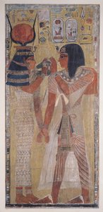 Gudinnen Hathor plasserer den magiske kragen på Seti I (ca. 1394-1279 f.Kr.), hentet fra graven til Seti I i Kongenes dal, New Kingdom (malt kalksteinrelieff) av Egyptian 19th Dynasty