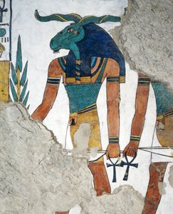 Budbringeren med et værhode, tredje dør til kongeriket Osiris, kapittel 144 i De dødes bok, freskomaleri, gravkammer, Nefertaris grav (QV66), Queens Valley, Theben. Egyptisk sivilisasjon, New Kingdom, Dynasty XIX. av Egyptian 19th Dynasty