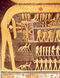 Detalj fra Dagens bok fra taket i gravkammeret til graven til Ramesses VI (r.1143-1136 f.Kr.) New Kingdom (veggmaleri)