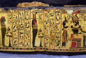 Detalj av den ytre kistebunnen til mumien til Nesyamun, muligens funnet i Deir El-Bahri, New Kingdom, ca. 1100 f.Kr. (malt tre) av Egyptian 20th Dynasty