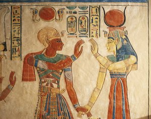 Egypt, Luxor, antikkens Theben, Queens-dalen, Amonherkhopeshafs grav, malt relieff som viser farao Ramses III foran Isis
