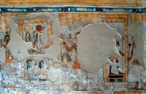 Egyptisk antikvitet: representasjon av Shuroy og hans kone som tilber guden Thot og gudinnen Ra. Maleri av graven til Shuroy av Egyptian 20th Dynasty