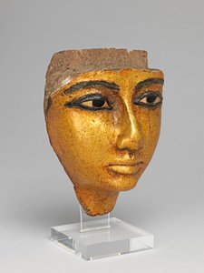 Ansikt fra en kiste, med øyne og øyenbryn innlagt, forgylt av Egyptian 20th Dynasty