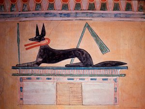 Sjakalhodet Anubis, gud for mumifisering. Wall of the Tomb of Prince Khaemweset II (malt kalksteinsdekorasjon, 20. dynasti)