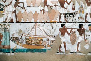 Veggmaleri som viser scenen for transport av vin på båt, fra New Kingdom av Egyptian 20th Dynasty